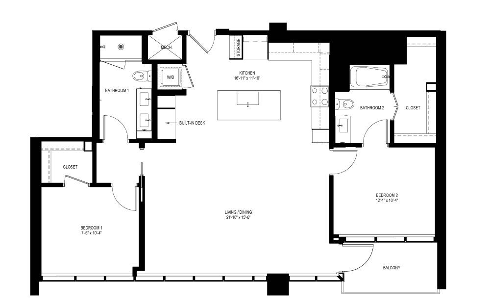 B3 - 2 bedroom floorplan layout with 2 bathrooms and 1232 square feet